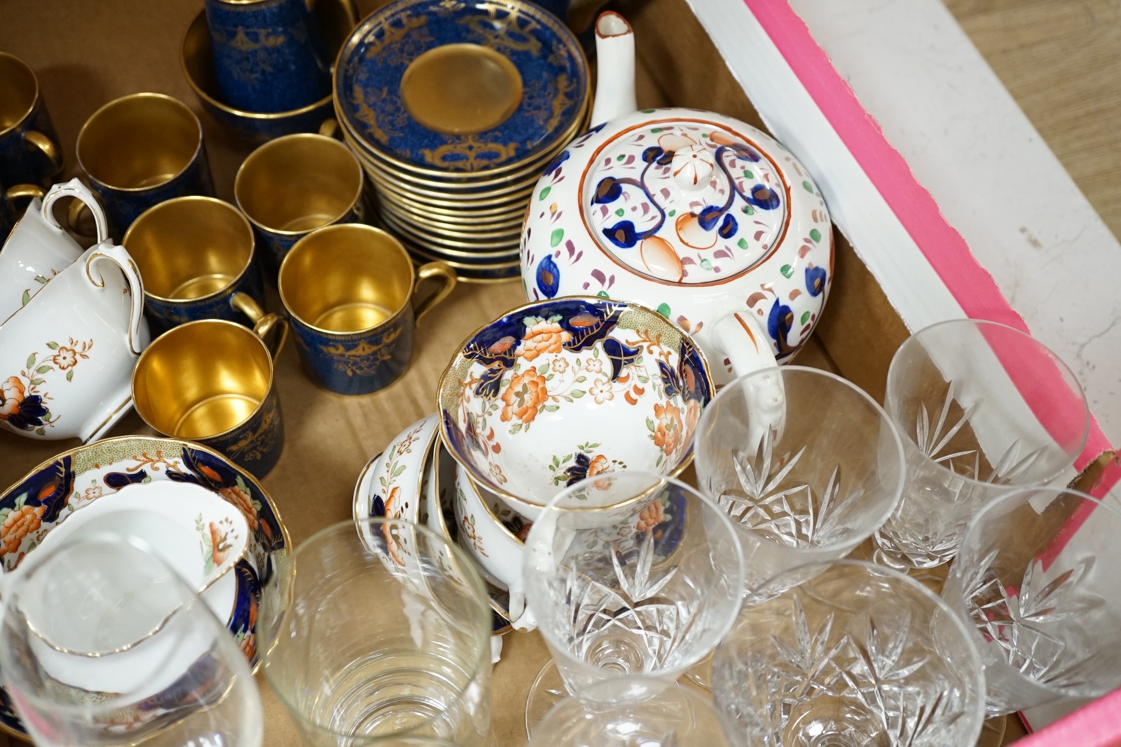 A Collingwood powder blue and gilt bone china part coffee set together with mixed glassware and New Chelsea part tea set